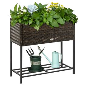 Raised Garden Bed, Elevated Planter Box with Rattan Wicker Look, Tool Storage Shelf, Portable Design for Herbs, Vegetables, Flowers, Brown