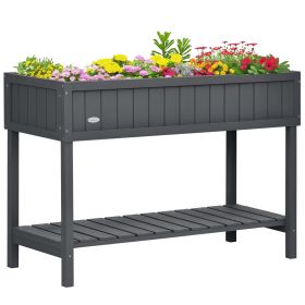 Wooden Raised Garden Bed, Elevated Planter Box Stand with 8 Slots and Open Shelf, Dark Gray