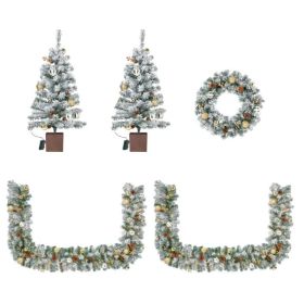 Pre-lit Holiday Christmas 4-Piece Set, Christmas Garland, Wreath And Set Of 2 Entrance Trees With Warm White LED Lights And Remote Control, Artificial