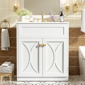 30 Bathroom Vanity With Ceramic Sink Combo, Modern Freestanding Storage Cabinet With Gold Handles,Soft Closing Doors