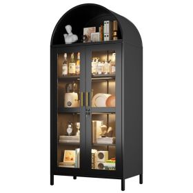 78.74inch H Metal Arched Cabinet With Lock And LED Light Strip, Metal Display Cabinet With Glass Doors And Adjustable Shelves,Suitable For Dining Room