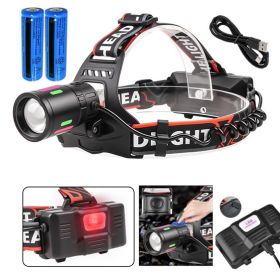 LED Headlamp USB Rechargeable Head Torch Zoom Headlight Lamp Super Bright Flashlight Work Light 3 Modes With 2 Li-ion Batteries