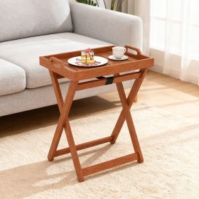 Outdoor Wood Tray Table Portable Side End Table With Folding Frame