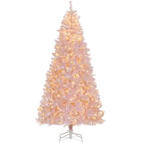 HOMCOM 7.5' Tall Prelit Christmas Tree Douglas Fir Artificial Christmas Tree With Realistic Branches, 500 Warm White LED Lights And 1346 Tips, Pink