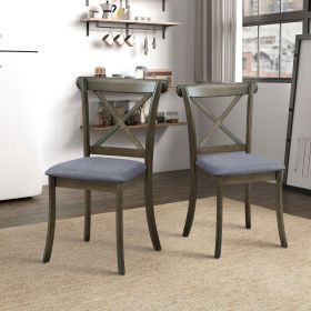 Set Of 2 Oak X-Back Dining Chairs With Fabric Upholstery