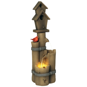 Outdoor Fountain with Birdhouse, Cascading Garden Waterfall Bird Bath with 3-Tier Rustic Tree Trunk / Log Design, LED Lights for Porch, Deck, Yard De