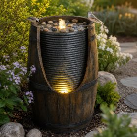 Outdoor Water Fountain With Bird Waterer, Rustic Barrel Garden Fountain With LED Lights And Pump, Faux Wood Resin Water Feature For Patio Backyard Por