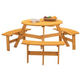 6-Person Circular Outdoor Wooden Picnic Table for Patio; Backyard; Garden; DIY w/ 3 Built-in Benches; 1720lb Capacity - Natural