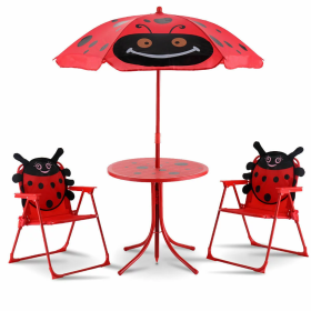 Kids Patio Set Table And 2 Folding Chairs w/ Umbrella Beetle Outdoor Garden Yard Removable Umbrella