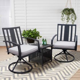 3 Pcs Outdoor Patio Swivel Dining Chair Set with Cushion and Side Table; Gray