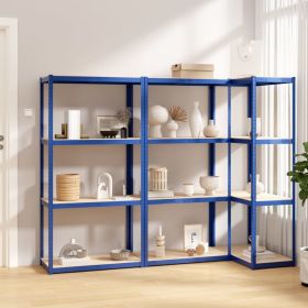 Three-Piece Blue Steel & Composite Wood Shelving With Four Tiers