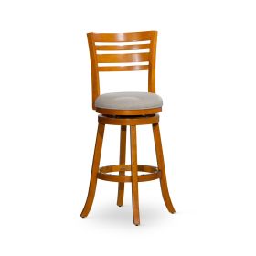 30" Bar Height Slat Back Swivel Stool, Natural Finish, Beige Fabric Seat