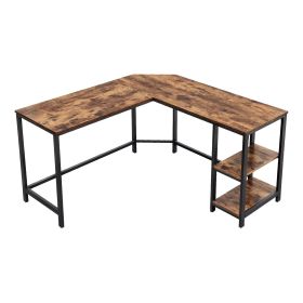 L Shape Wood and Metal Frame Computer Desk with 2 Shelves; Brown and Black