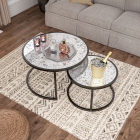 Round Coffee Table Set of 2 Set of 2 Nesting Tables; Metal Frame & Glass Top End Tables for Living Room Bedroom