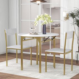 TOPMAX Modern 3-Piece Round Dining Table Set with Drop Leaf and 2 Chairs for Small Places; Golden Frame+Faux White Granite Finish