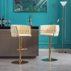 Set of 2 Bar Stools; with Chrome Footrest and Base Swivel Height Adjustable Mechanical Lifting Velvet + Golden Leg Simple Bar Stoo; Ivory