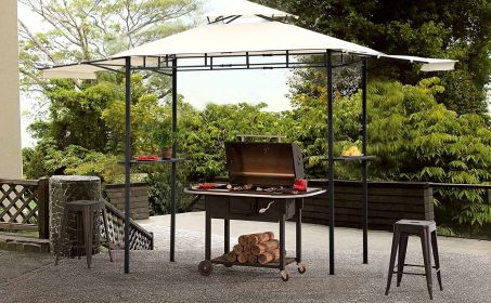 12Ft.Lx4.3Ft.W Iron Double Tiered Backyard Patio BBQ Grill Gazebo with Bar Counters, Beige