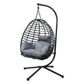 Outdoor Wicker Swing Chair With Stand for Balcony; 37"Lx35"Dx78"H (Grey)