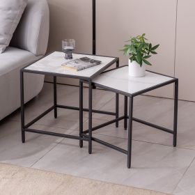 Nesting End/Side Table,Night Stand 2-Piece Set,Square Sintered stone Top with Black Metal Frame