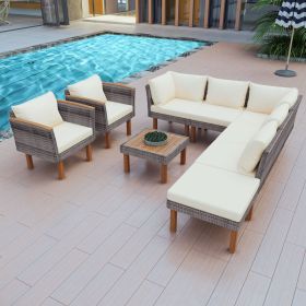 9-Piece Outdoor Rattan Conversation Set With Acacia Wood Accents