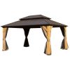 10x14 Ft Cedar Wood Hardtop Gazebo With Netting & Curtains