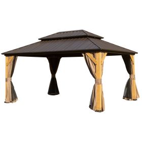 10x14 Ft Cedar Wood Hardtop Gazebo With Netting & Curtains