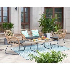 Manhattan Comfort Antibes 2.0 Steel Rattan 4-Piece Patio Conversation Set with Cushions in Grey