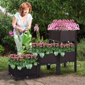 Modern Rattan-Style Plastic Raised Garden Bed Planter Kit for Flower Vegetable Grow Indoor Outdoor; Set of 4 with 16 Legs;  Dark Coffee