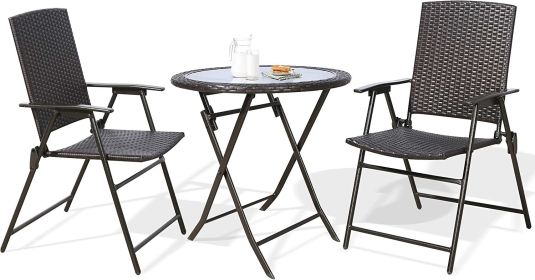 Outdoor 3 Pieces Wicker Folding Bistro Set;  Balcony Table and Chairs Sets;  Garden Backyard Furniture