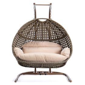 Brown Wicker Hanging Double-Seat Swing Chair With Cushion