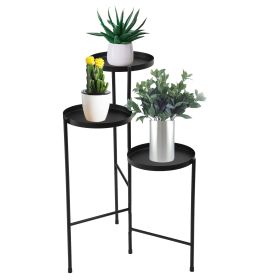 3 Tier Foldable Metal Plant Stand with Trays for Living Room, Bedroom, Balcony, Hallway, Black XH