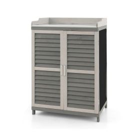 Garden Potting Bench Table With 2 Storage Shelves & Metal Plated Tabletop