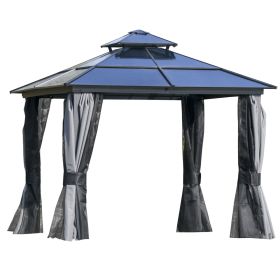 10'x10' Hardtop Polycarbonate Double Roof Gazebo With Curtains & Netting