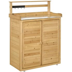 Garden Potting Bench Table With Tabletop, Hooks, 3-Tier Shelves & Magnetic Doors