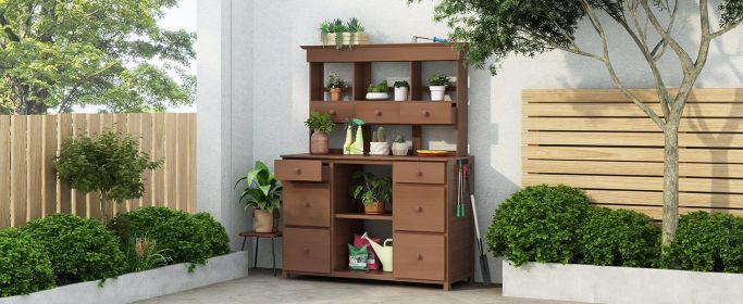 Brown Garden Potting Bench Table With Multiple Drawers & Shelves
