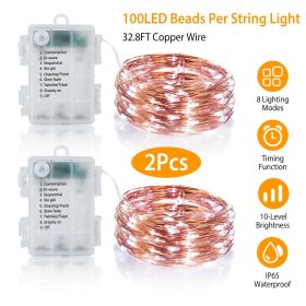 2-Pack 100-LED Beads 32.8-Foot Copper Wire String Lights