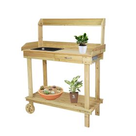 Gardening Bench With Detachable Basin, Drawer, Shelves, Hooks & Casters