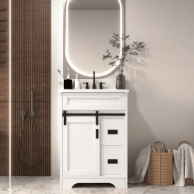 24 Bathroom Vanity With Single Sink Combo, Farmhouse Undermount Bathroom Sink Cabinet With Sliding Barn Doors And 2 Drawers, Freestanding Bathroom Van