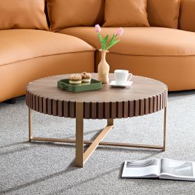 Modern Handcraft Drum Coffee Table 31.5 Inch Round Coffee Table For Living Room,Small Coffee Table With Sturdy Pedestal,Walnut