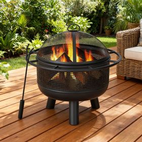 24 Inch Wood Burning Fire Pit With Log Grate And  Mesh Screen For Outside