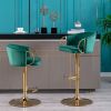 Set of 2 Bar Stools,with Chrome Footrest and Base Swivel Height Adjustable Mechanical Lifting Velvet + Golden Leg Simple Bar Stool-Green