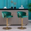 Set of 2 Bar Stools,with Chrome Footrest and Base Swivel Height Adjustable Mechanical Lifting Velvet + Golden Leg Simple Bar Stool-Green