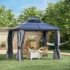 10'x10' Hardtop Polycarbonate Double Roof Gazebo With Curtains & Netting