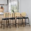 Rattan Bar Stool, Indoor Leather Bar Stools Set of 4, Counter Height Bar Stools with Metal Leg & Rattan Backrest