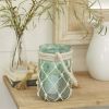 Decorative Lantern With Blue Glass & Rope Handle Candle Holder