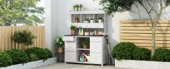 Garden Potting Bench Table Rustic & Sleek Design With Multiple Drawers & Shelves