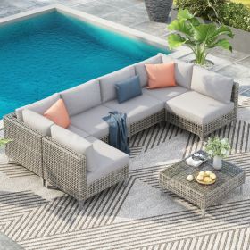 K&K 7-Piece Wicker Patio Furniture Set, Outdoor Conversation Set Sectional Sofa With Water Resistant Grey Thick Cushions And Coffee Table For Outdoor