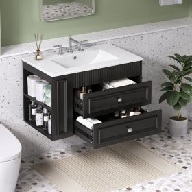 30'' Wall Mounted Bathroom Vanity, Floating Bathroom Storage Cabinet With 2 Drawers, 3 Holes Single Ceramic Sink, Modern Cabinet.Black