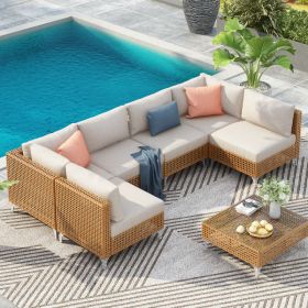 K&K 7-Piece Wicker Patio Furniture Set, Outdoor Conversation Set Sectional Sofa With Water Resistant Beige Thick Cushions And Coffee Table For Outdoor