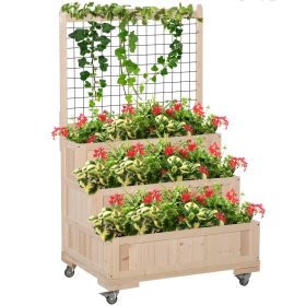 3-Tiers Raised Garden Bed with Trellis, 53" H Vertical Planter Box with Wheels & Back Storage Area, for Flowers, Vegetables, Herbs, Natural
